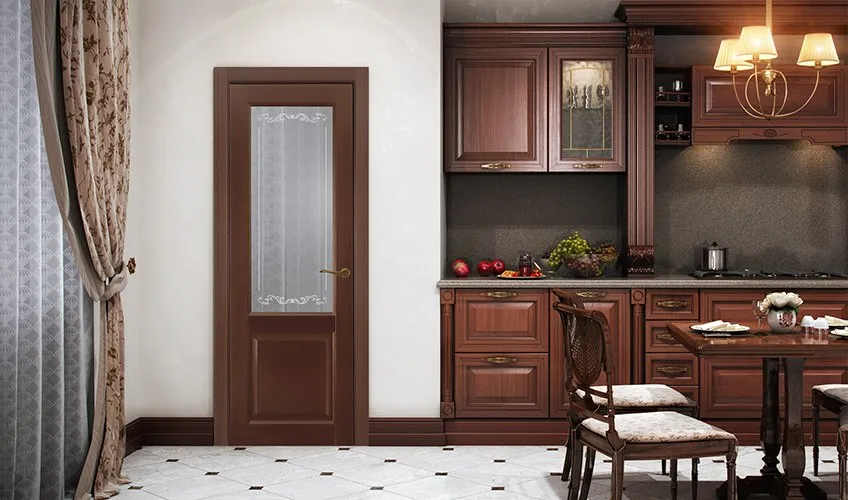 Классическая межкомнатная дверь коричневого цвета со стеклом
